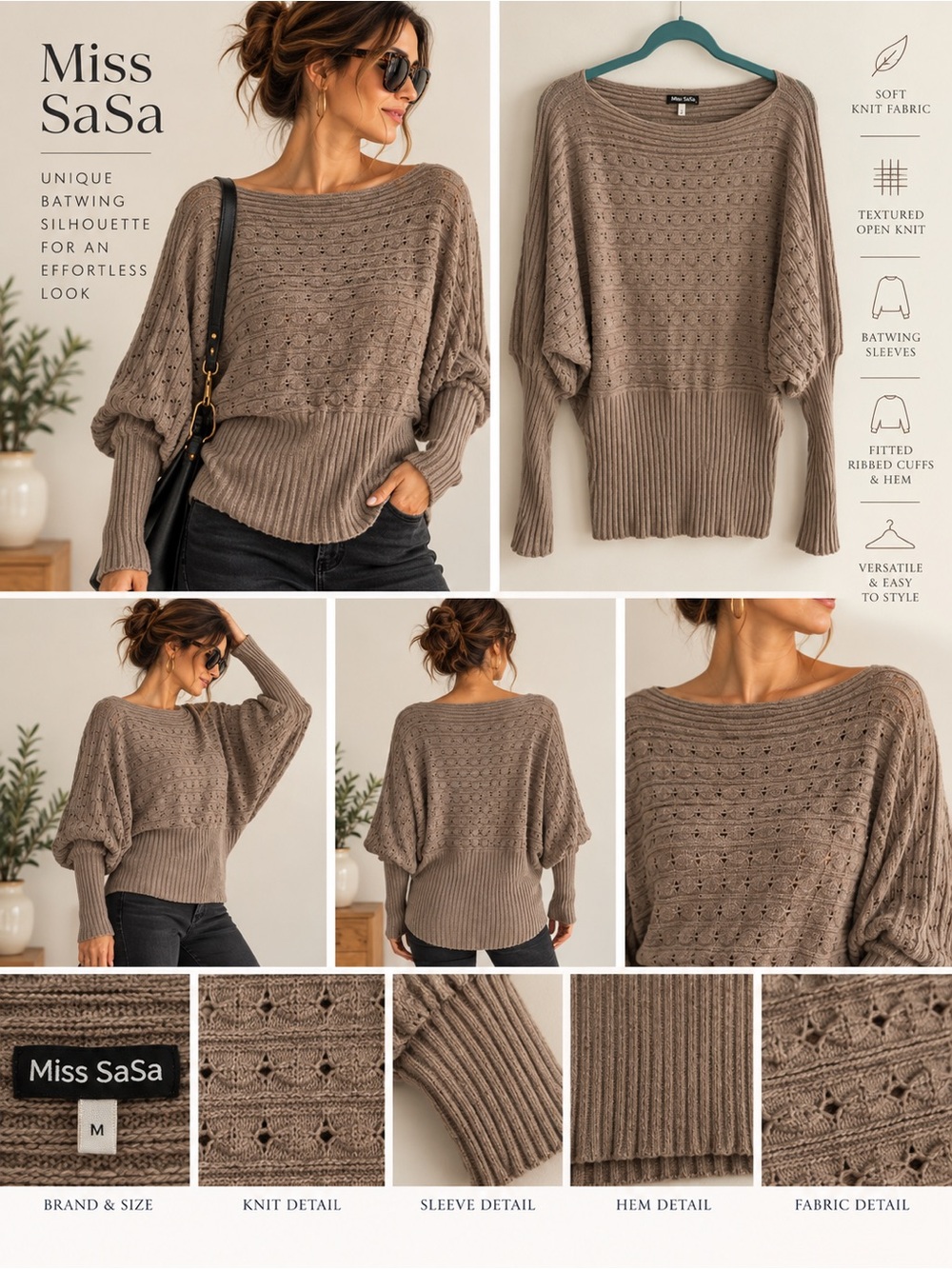Miss SaSa Taupe Open Knit Batwing Dolman Sweater Medium